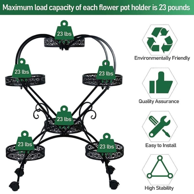 Metal Planter Stand Flower Rack With Wheels 4 Tier Heart Shaped Potted Holders - Image 3