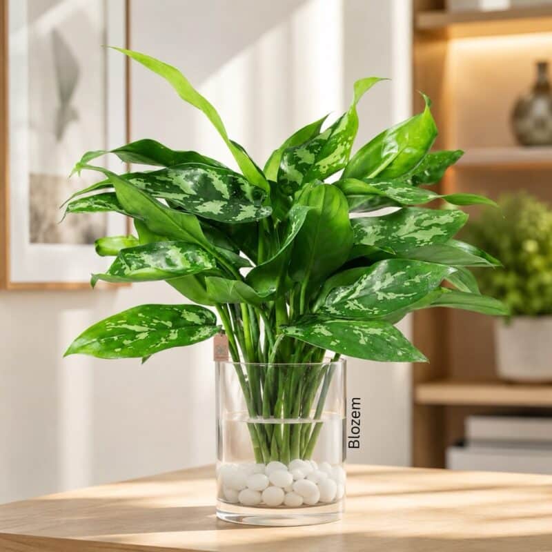 Chinese Evergreen With Decorative Glass Wase