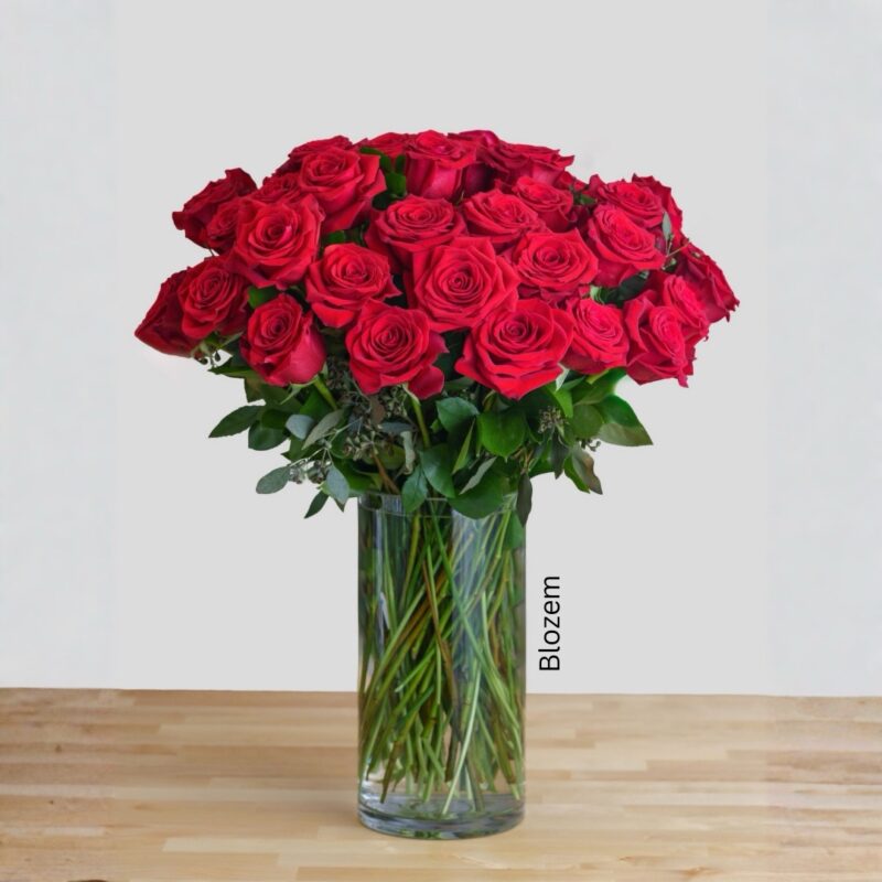Red Rose In Glass Vase Arrangement