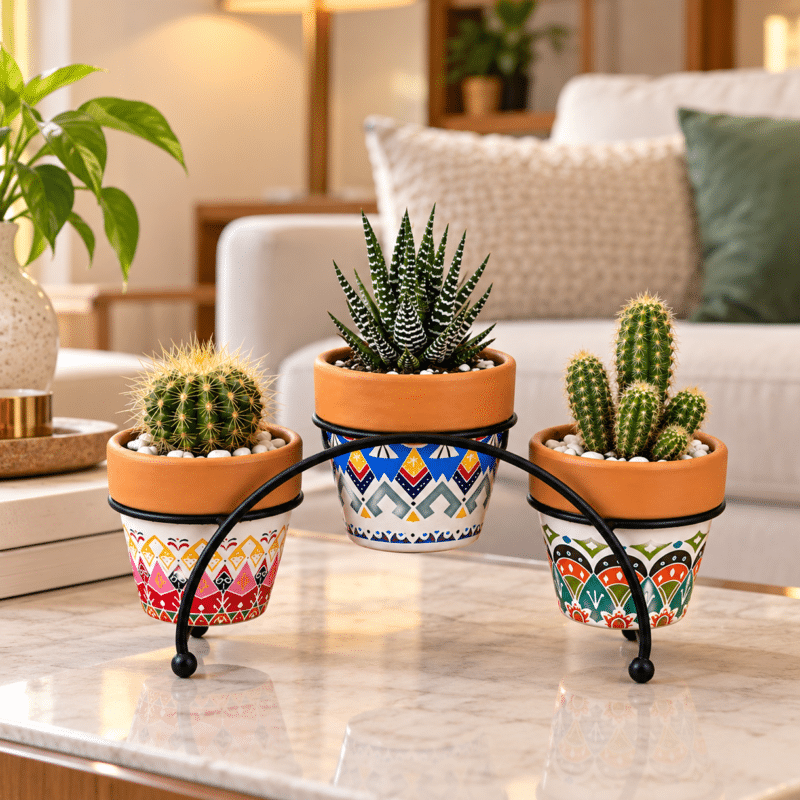 Potted 3 Cactus With Specimen Stands